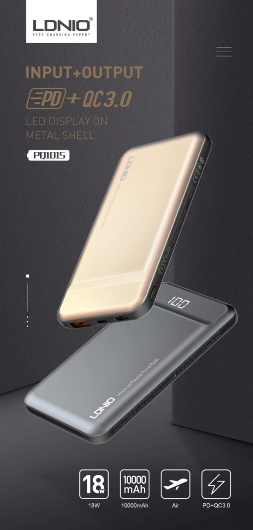 PQ1015 LDNIO Power Bank, 10000mah, Output Type-C, 18W, Support Fast Charging -Grey - Image 3
