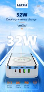 ⁦AW004-شاحن ديسك توب لدنيو لاسلكي15وات، 4 منافذ للشحن السريع 32وات⁩ - الصورة ⁦3⁩