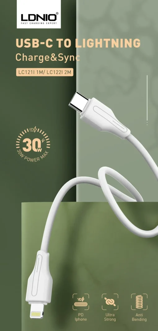 LC122-I LDNIO  charging Cable TYPE-C TO Lightning 2Meters 30W White - Image 11