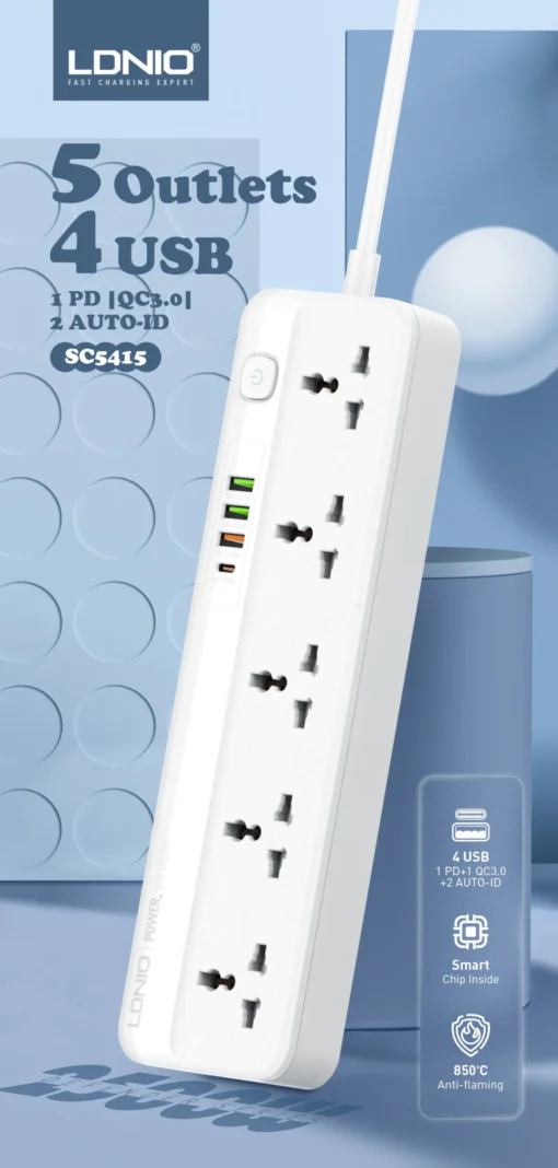 SC5415 LDNIO 20W PD 5 Universal Outlets With 4 USB Extension Socket PD 20W Fast Charging Power Strips - Image 3