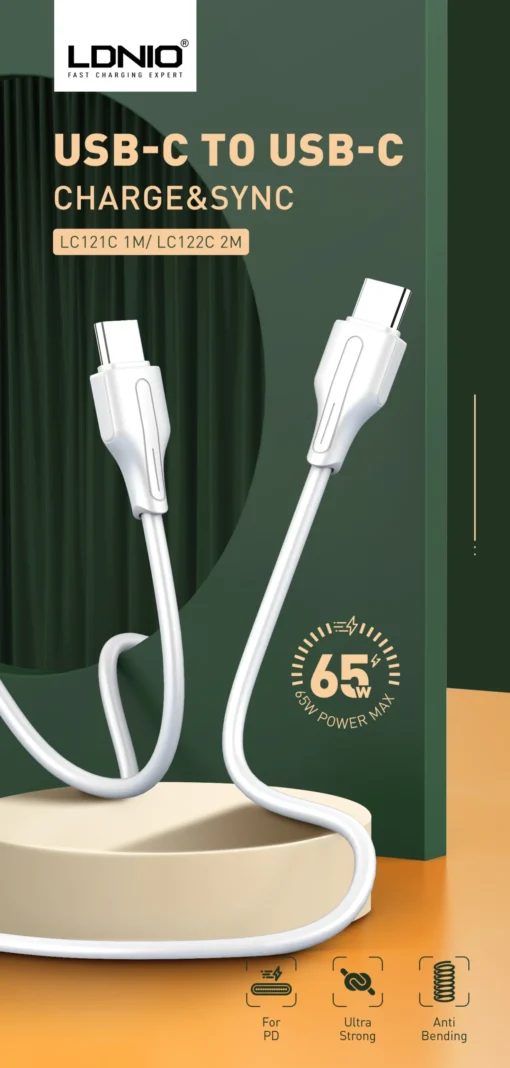 LC122-C LDNIO Fast Charging Cable Type-C TO Type-C 2Meters 65W White - Image 3