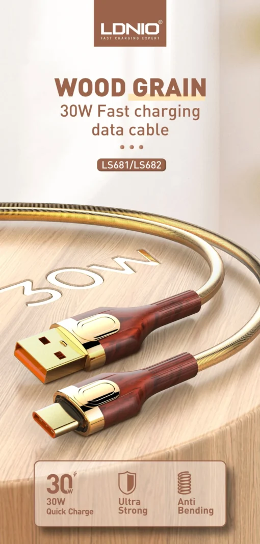 LS681 LDNIO | WOOD GRAIN 30W FAST CHARGING DATA CABLE FOR Type-C 1M - Image 3