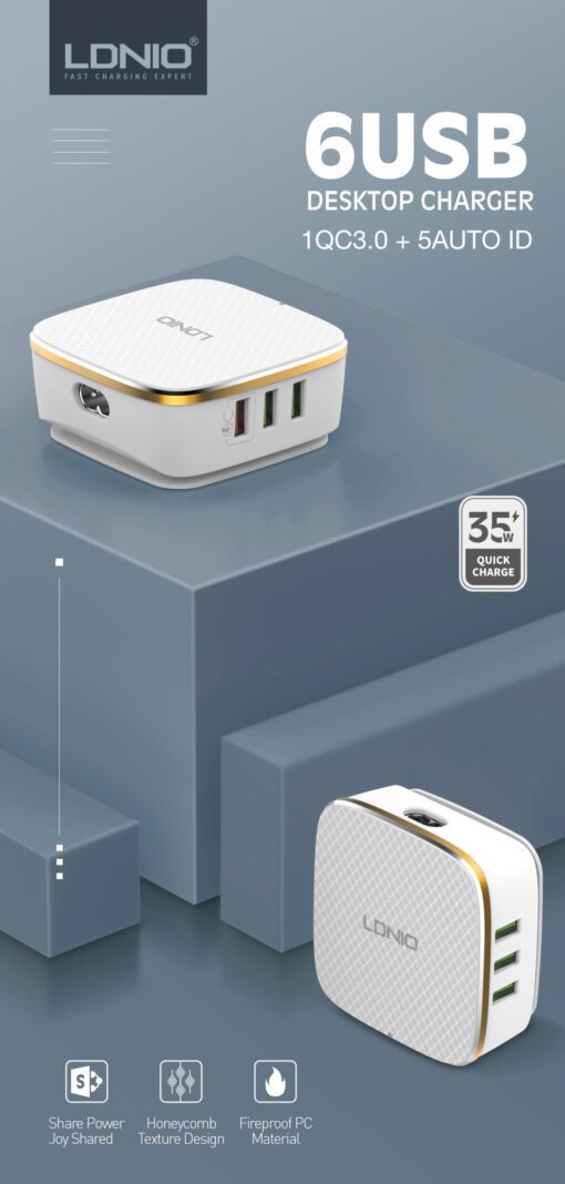 A6704 -35W Desktop High Power Fast Charging Home Charger 6 USB Ports Quick charge - Image 3