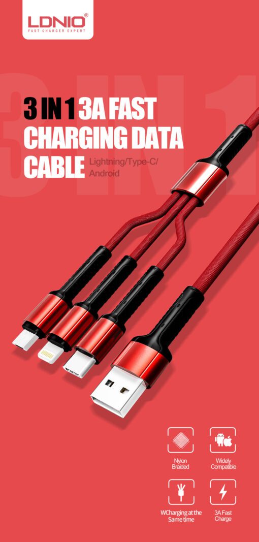 LC93 - LDNIO  3 IN 1 Ultra Strong CABLE 1.2M Red - Image 3