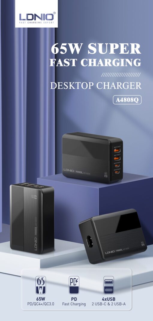 A4808Q | Ldnio 65W Super Fast Charging Desktop Charger – USB-C | 1.5 Meters | Black - Image 5