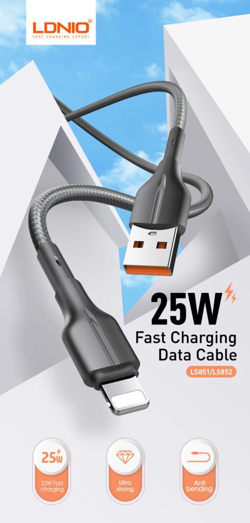 LS851| كابل شحن ونقل بيانات بطول 1متر و بقوة 25 وات من يو اس بي الى لايتنج ايفون - Image 2