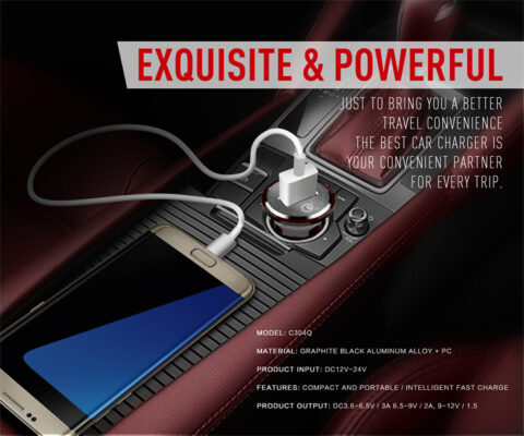 ⁦C304Q | شاحن سيارة لدنيو سريع بمنفذ USB، بقوة 18 وات مع كبل شحن تايب سي⁩ - الصورة ⁦5⁩