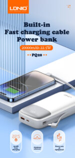 PQ20 | LDNIO 20000mAh Power Bank built-in dual cable 22.5w Fast charging - Image 3