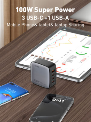 ⁦Q408 | شاحن لدنيو 100 واط جان فائق السرعة 3 مخارج تايب سي و مخرج يو اس بي⁩ - الصورة ⁦4⁩