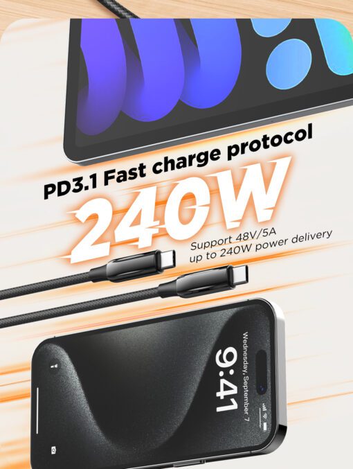 ⁦LC922C | كبل شحن تايب سي الى تايب سي يدعم الشحن السريع ونقل البيانات بقوة 240 واط 2 متر⁩ - الصورة ⁦6⁩