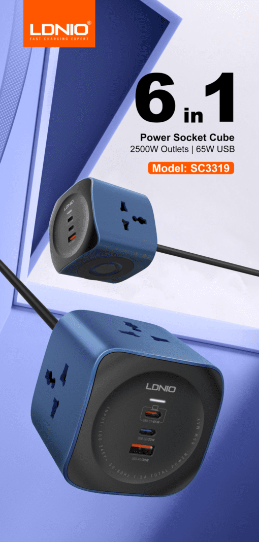 SC3319 | LDNIO 6 in 1 Power Socket Adapter Desktop Charger 65W USB-C - Image 3