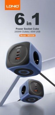 SE3338 | LDNIO 6 in 1 EU Power Socket Adapter Desktop Charger 65W USB-C - Image 5