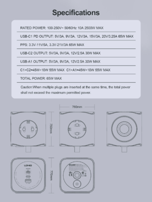 SE3338 | LDNIO 6 in 1 EU Power Socket Adapter Desktop Charger 65W USB-C - Image 14