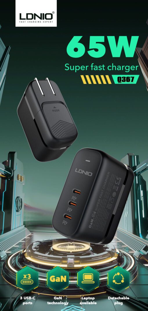 Q367 | LDNIO 65W GaN Supper Fast Charger 3USB-C PD ports - Image 3
