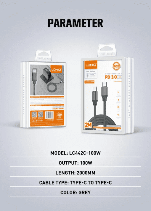 ⁦LC442C-100W | كابل بيانات للشحن السريع ، بقدرة 100 وات من النوع C إلى نوع C بطول 2 متر مع ميزة منع ارتفاع درجة الحرارة⁩ - الصورة ⁦13⁩