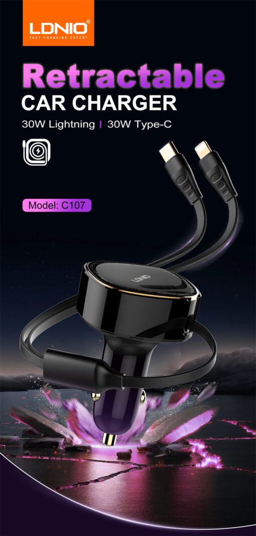 30W Wired Type-C OR Lightning Ultra Fast Car Charger C107 - Image 2