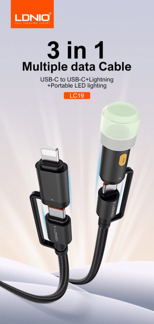 LDNIO | LC19 3-in-1 65W Super Fast Charging Cable 1.2m with LED Light Durable - Image 3