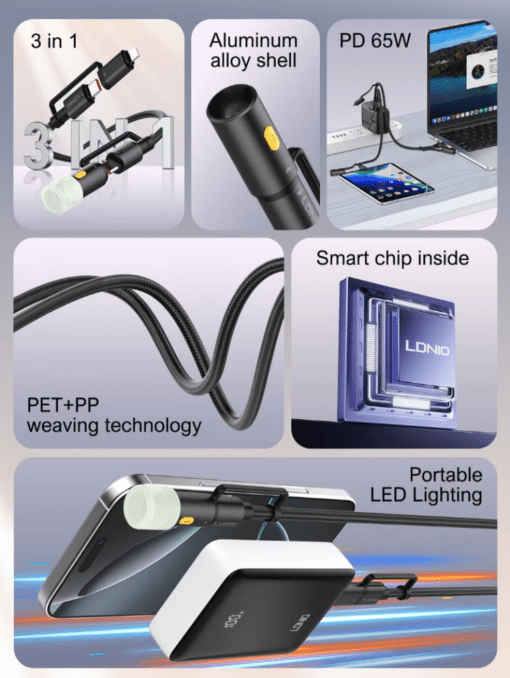 LDNIO | LC19 3-in-1 65W Super Fast Charging Cable 1.2m with LED Light Durable - Image 10