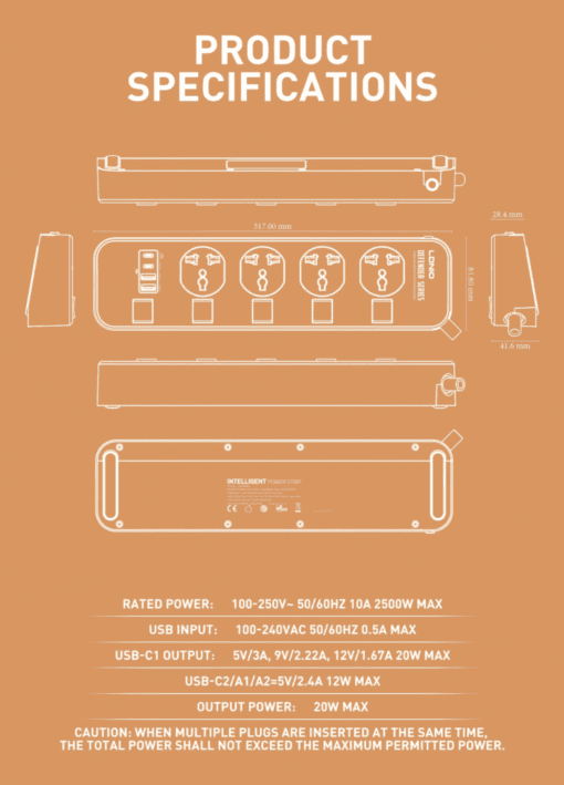 LDNIO | SC4408C Extension Power Socket 4AC 2USB+2USB-C Power Strip - Image 12