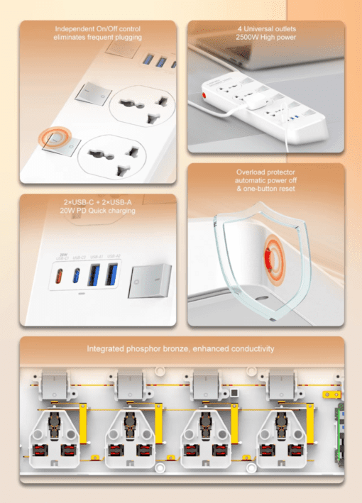 LDNIO | SC4408C Extension Power Socket 4AC 2USB+2USB-C Power Strip - Image 3
