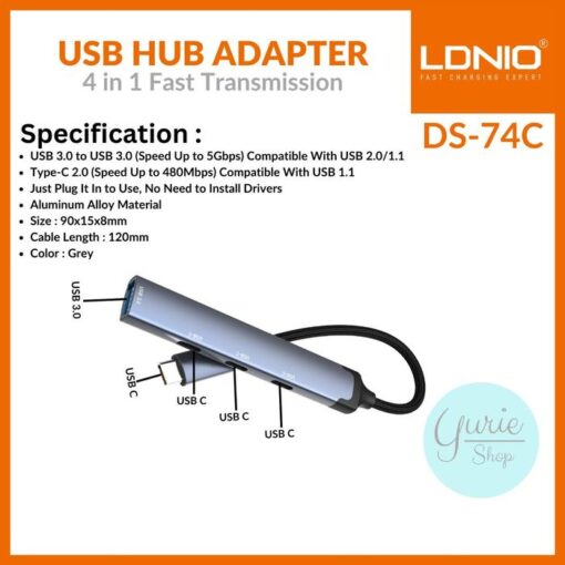 Ldnio Ds-74c Hub Usb-c Multi portas 3 TYPE-c + 1 Usb 3.0 - Image 8