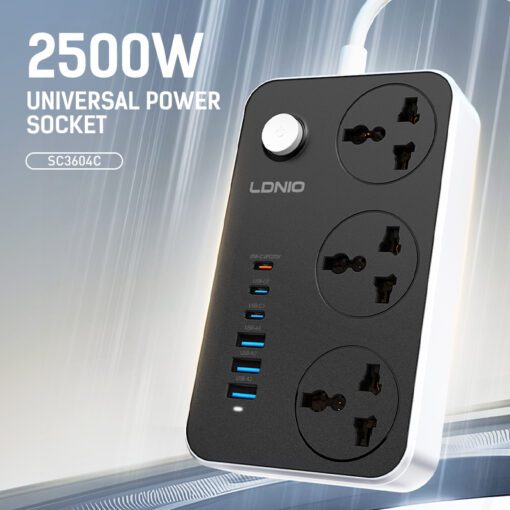 ⁦SC3604C | الاصدار الجديد مشترك كهرباء مقاوم للماء ثلاثي المنافذ مزود ب3منافذ تايب سي و3 منافذ يو اس بي قوة شحن تصل الى 20 وات⁩ - الصورة ⁦3⁩