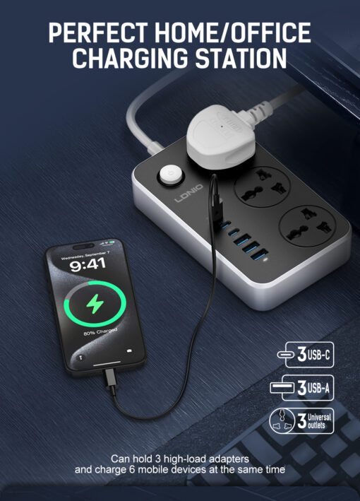 ⁦SC3604C | الاصدار الجديد مشترك كهرباء مقاوم للماء ثلاثي المنافذ مزود ب3منافذ تايب سي و3 منافذ يو اس بي قوة شحن تصل الى 20 وات⁩ - الصورة ⁦4⁩