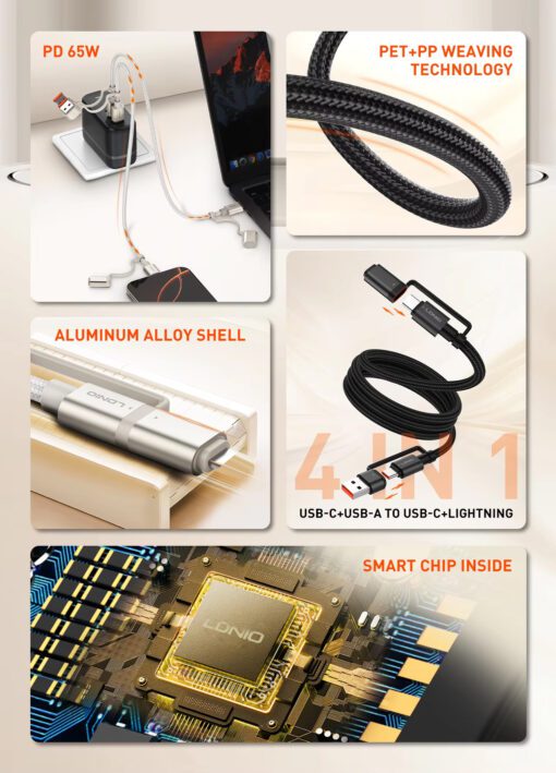 LC16 | LDNIO  65W 4-in-1 Fast Charging Cable USB-C /Lighting to USB-A/USB-C 1.2M - Image 2