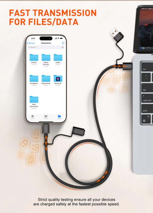 LC16 | LDNIO  65W 4-in-1 Fast Charging Cable USB-C /Lighting to USB-A/USB-C 1.2M - Image 4