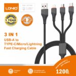 Ldnio | LC96u 3in1 Fast Charging Cable 1.2m USB to Lightning Micro-USB Type-C 5V/4.2A Max Nylon Braided USB Data Cable