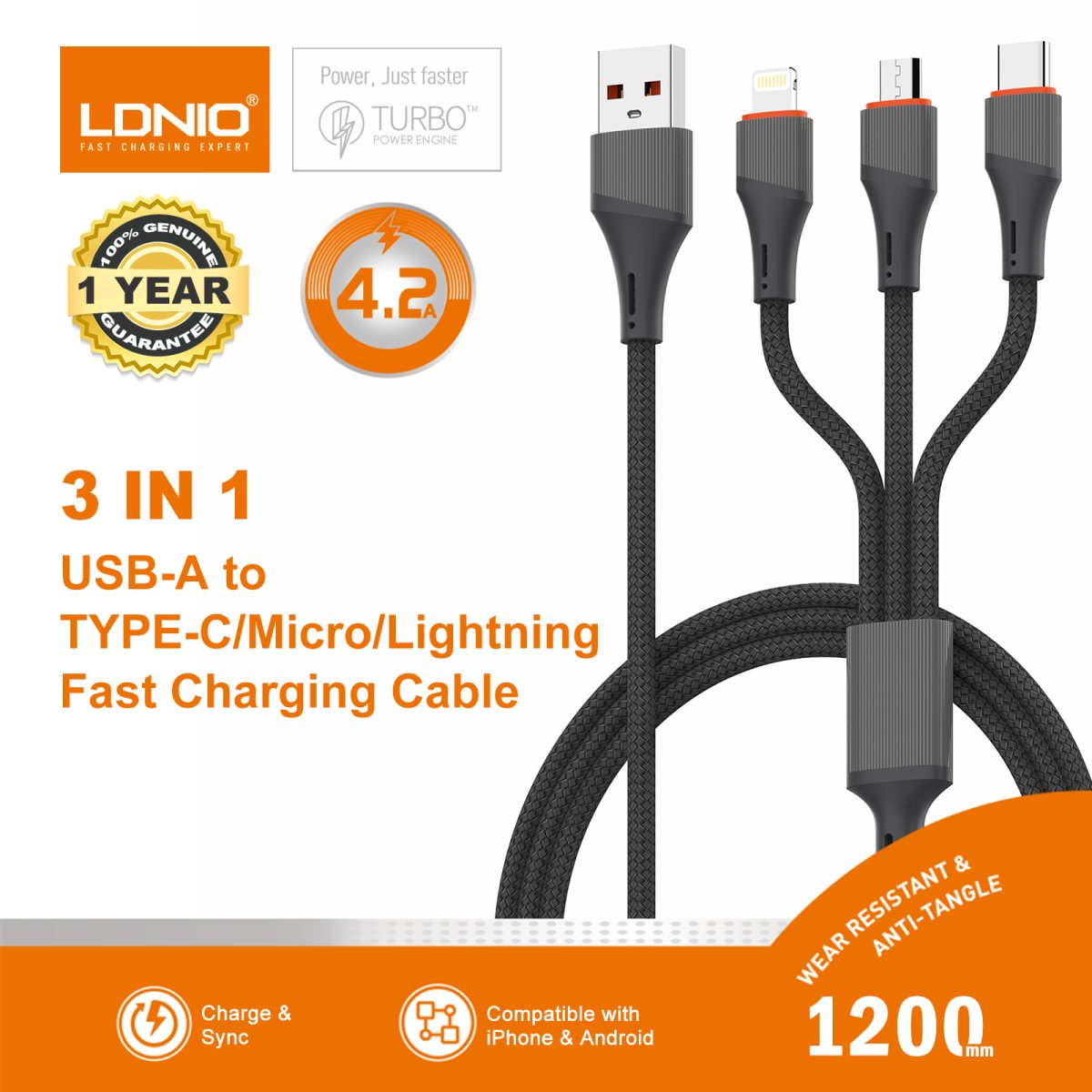 1-1-1200x1200 Ldnio | LC96u 3in1 Fast Charging Cable 1.2m USB to Lightning Micro-USB Type-C 5V/4.2A Max Nylon Braided USB Data Cable - Image 1