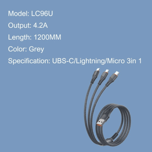 Ldnio | LC96u 3in1 Fast Charging Cable 1.2m USB to Lightning Micro-USB Type-C 5V/4.2A Max Nylon Braided USB Data Cable - Image 8