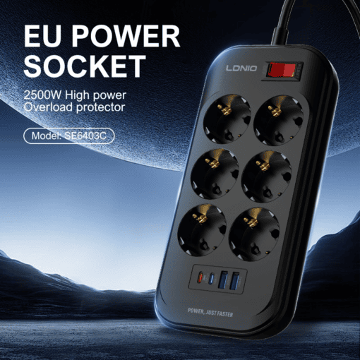 LDNIO SE6403C EU Plug Extension Power Socket 6 Way Outlet 4 USB Port 3.4A Surge Protector Electric Power Strip - Image 2